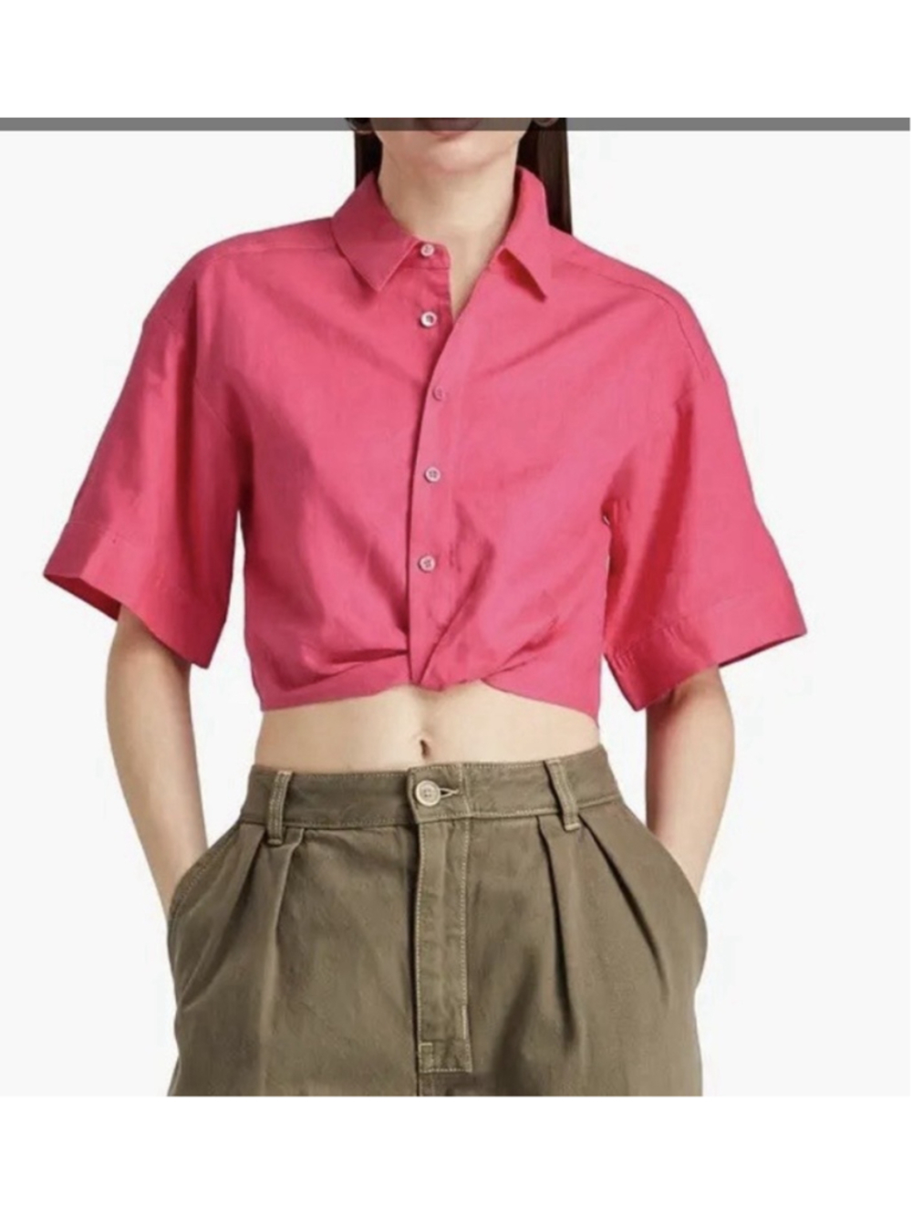 FRAME Cropped Twist Front Shirt Linen Pink Flamingo Medium Resort Wear Coastal